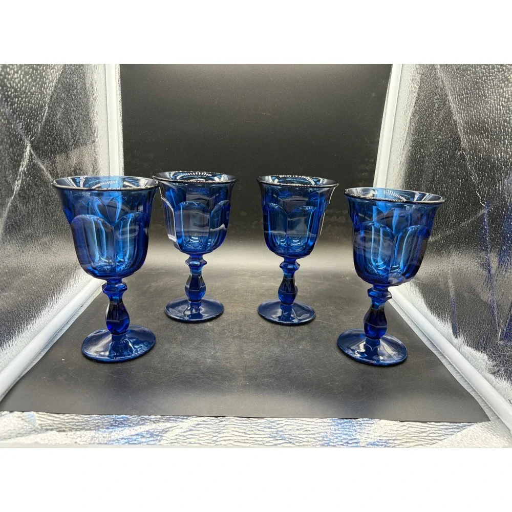 Vintage Cobalt Blue Glass Water Goblets Set of 4 Paneled Stemware 7 Inch